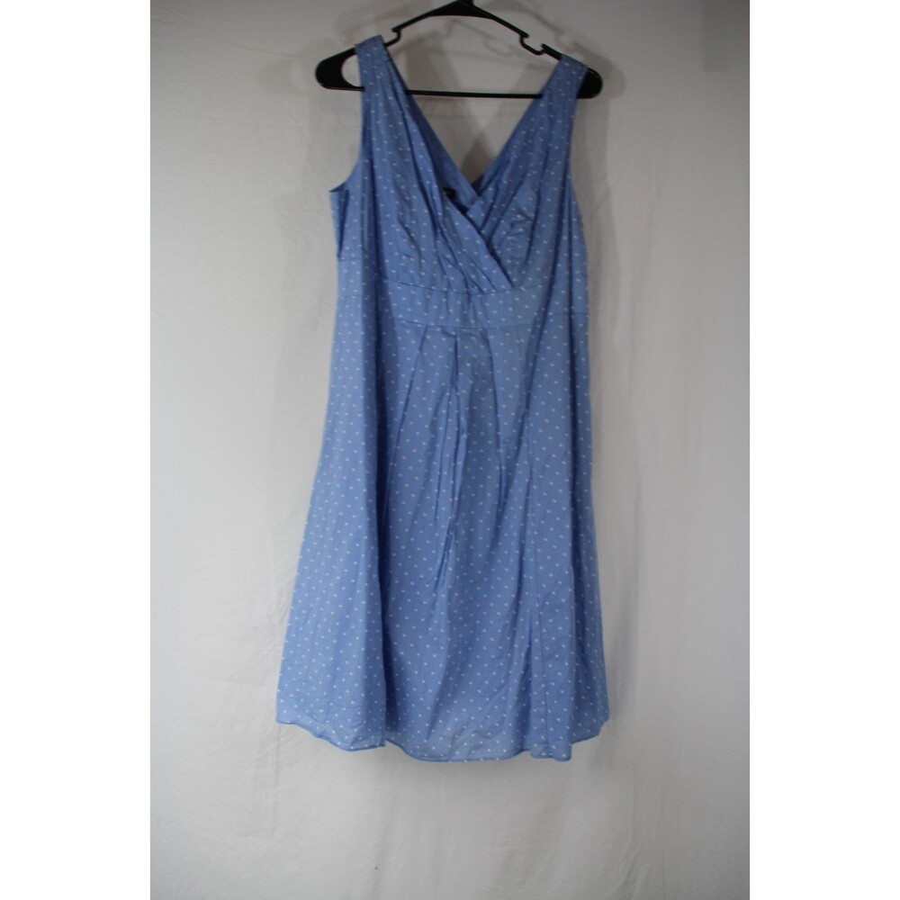 Lands' End Women's Blue White Polka Dot Cotton Dress V Neck Sleeveless Size 12